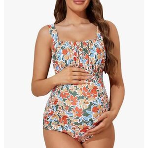 Floral Maternity One-Piece Swimsuit - Orange & Green